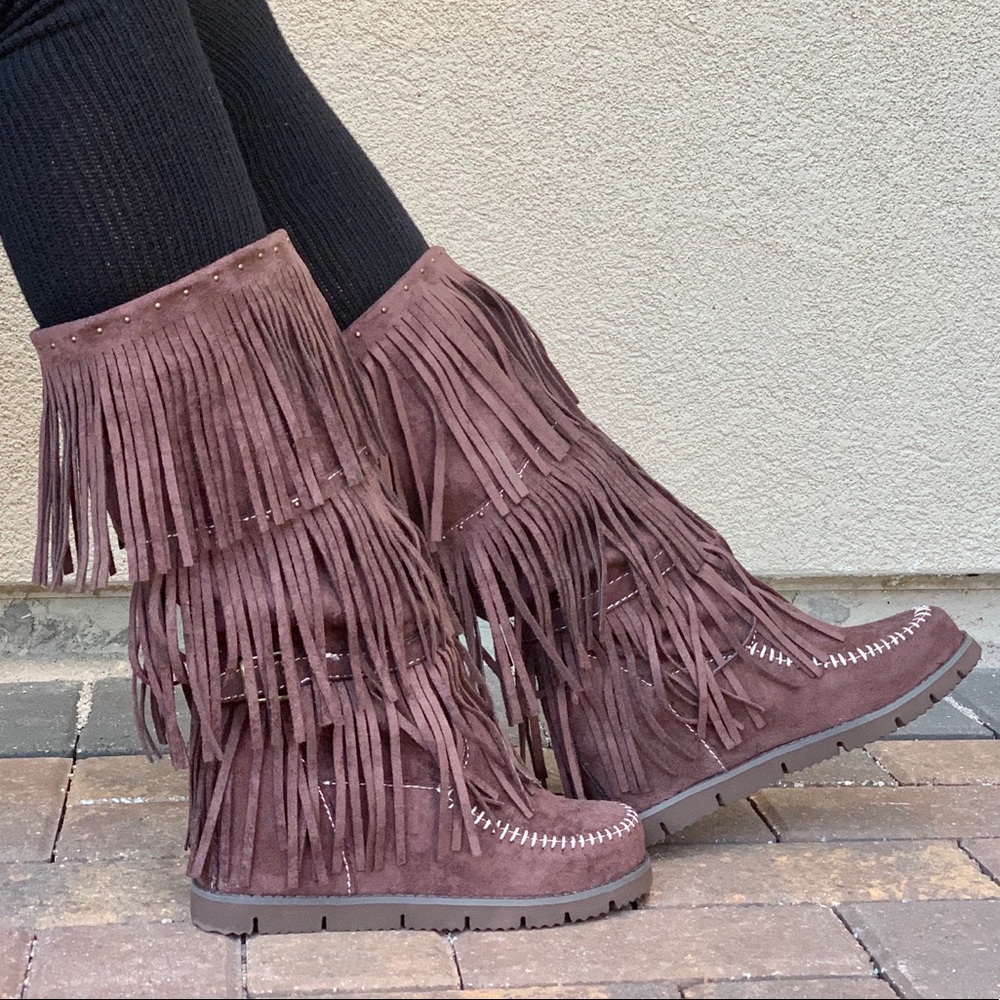 Nib Espresso Three Fringe Layered Moccasin Boots - image 5